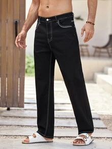 Mercer Haus Men's American Straight Leg Jeans, Spring/Autumn Vintage Distressed Casual Pants - Black - View 1