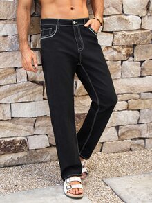Mercer Haus Men's American Straight Leg Jeans, Spring/Autumn Vintage Distressed Casual Pants - Black - View 4