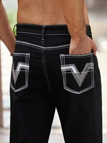 Mercer Haus Men's American Straight Leg Jeans, Spring/Autumn Vintage Distressed Casual Pants - Black - View 7