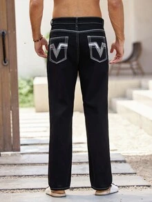 Mercer Haus Men's American Straight Leg Jeans, Spring/Autumn Vintage Distressed Casual Pants - Black - View 2