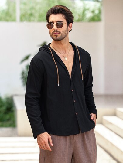 Mercer Haus Men's Linen Long Sleeve Hooded Shirt, Textured Button Vintage Style, Suitable For Vacation & Outdoor Wear, Excellent Gift For Men