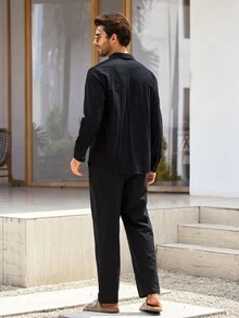 Mercer Haus 男士 2 件套亞麻西裝套裝，男士亞麻襯衫與長褲，夏季度假穿搭，沙灘穿著，舒適亞麻面料，春/夏穿搭 - 烏木 - 查看 2