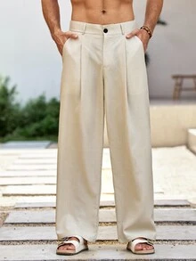 Mercer Haus Blueprint Man 1pc Men's Long Pants, Apricot Linen Trousers With Drape, Loose Comfortable Breathable, Premium Practical Casual, Suitable For Commuting And Light Business - Apricot - View 1