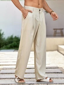 Mercer Haus Blueprint Man 1pc Men's Long Pants, Apricot Linen Trousers With Drape, Loose Comfortable Breathable, Premium Practical Casual, Suitable For Commuting And Light Business - Apricot - View 4