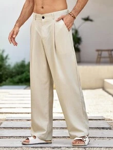 Mercer Haus Blueprint Man 1pc Men's Long Pants, Apricot Linen Trousers With Drape, Loose Comfortable Breathable, Premium Practical Casual, Suitable For Commuting And Light Business - Apricot - View 5