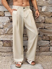 Mercer Haus Blueprint Man 1pc Men's Long Pants, Apricot Linen Trousers With Drape, Loose Comfortable Breathable, Premium Practical Casual, Suitable For Commuting And Light Business - Apricot - View 6