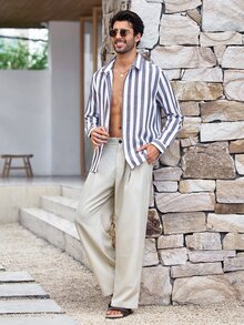 Mercer Haus Blueprint Man 1pc Men's Long Pants, Apricot Linen Trousers With Drape, Loose Comfortable Breathable, Premium Practical Casual, Suitable For Commuting And Light Business - Apricot - View 3