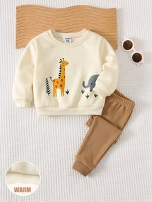 LMoss Kids 男嬰圓領可愛動物圖案休閒衛衣與長褲兩件套，磨毛加厚面料，適合冬季 - 杏色 - 查看 3