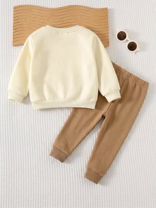 LMoss Kids 男嬰圓領可愛動物圖案休閒衛衣與長褲兩件套，磨毛加厚面料，適合冬季 - 杏色 - 查看 2