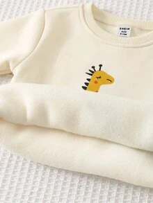 LMoss Kids 男嬰圓領可愛動物圖案休閒衛衣與長褲兩件套，磨毛加厚面料，適合冬季 - 杏色 - 查看 5