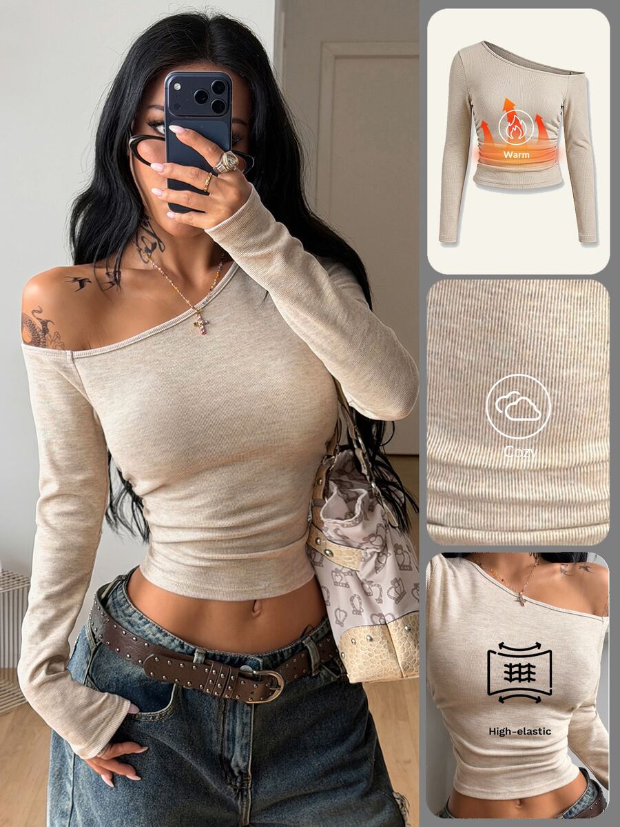 Coolane Girls Fall/Winter Daily Wear Essentials Knit Stretchy Comfy Asymmetrical Neck Long Sleeve Tops - Apricot - View 1
