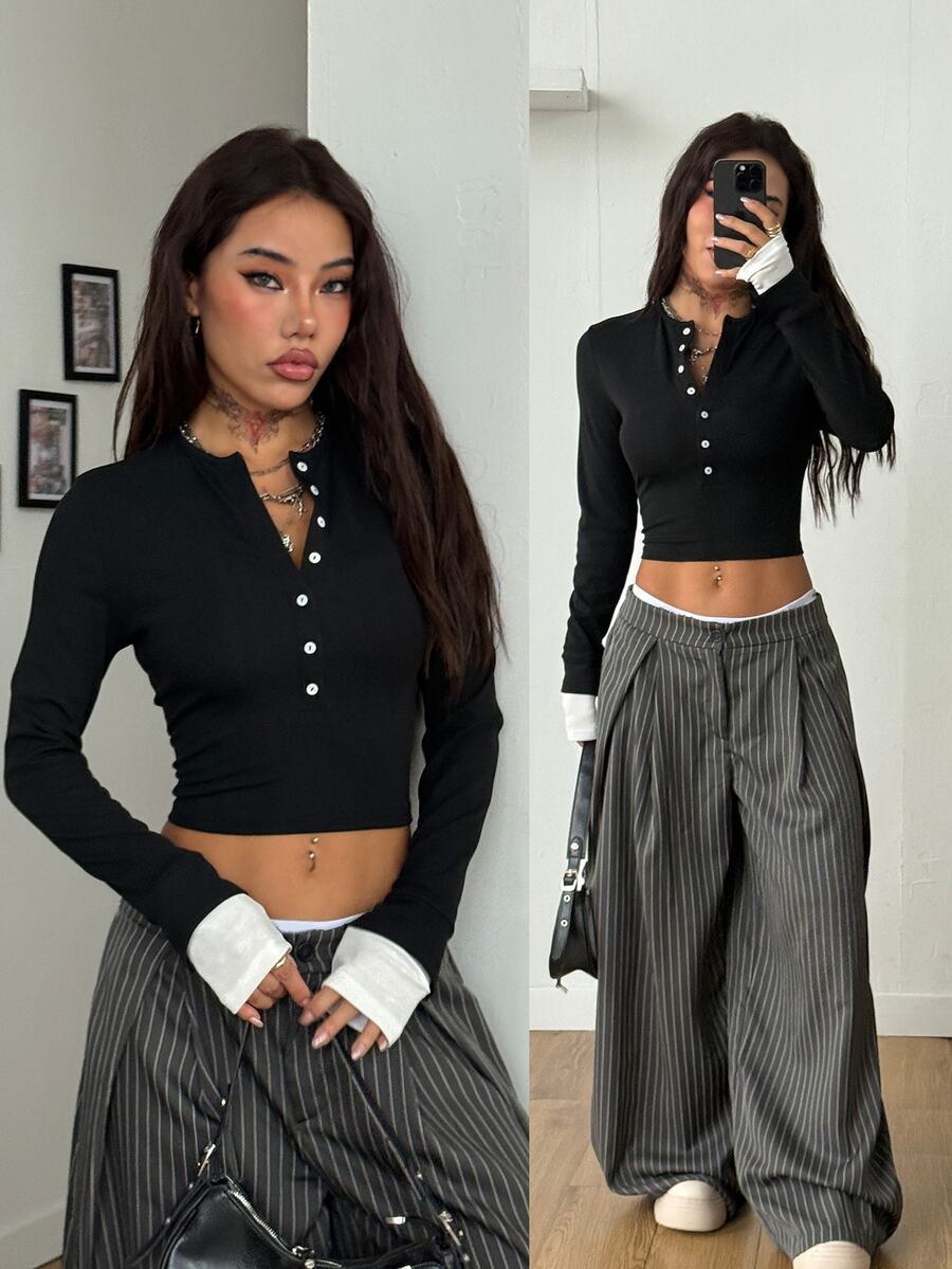 Coolane 女士秋冬基本款日常穿搭必备单品 音乐会 锐舞 音乐节 外出 修身袖口设计长袖T恤 - 黑色 - 查看 1