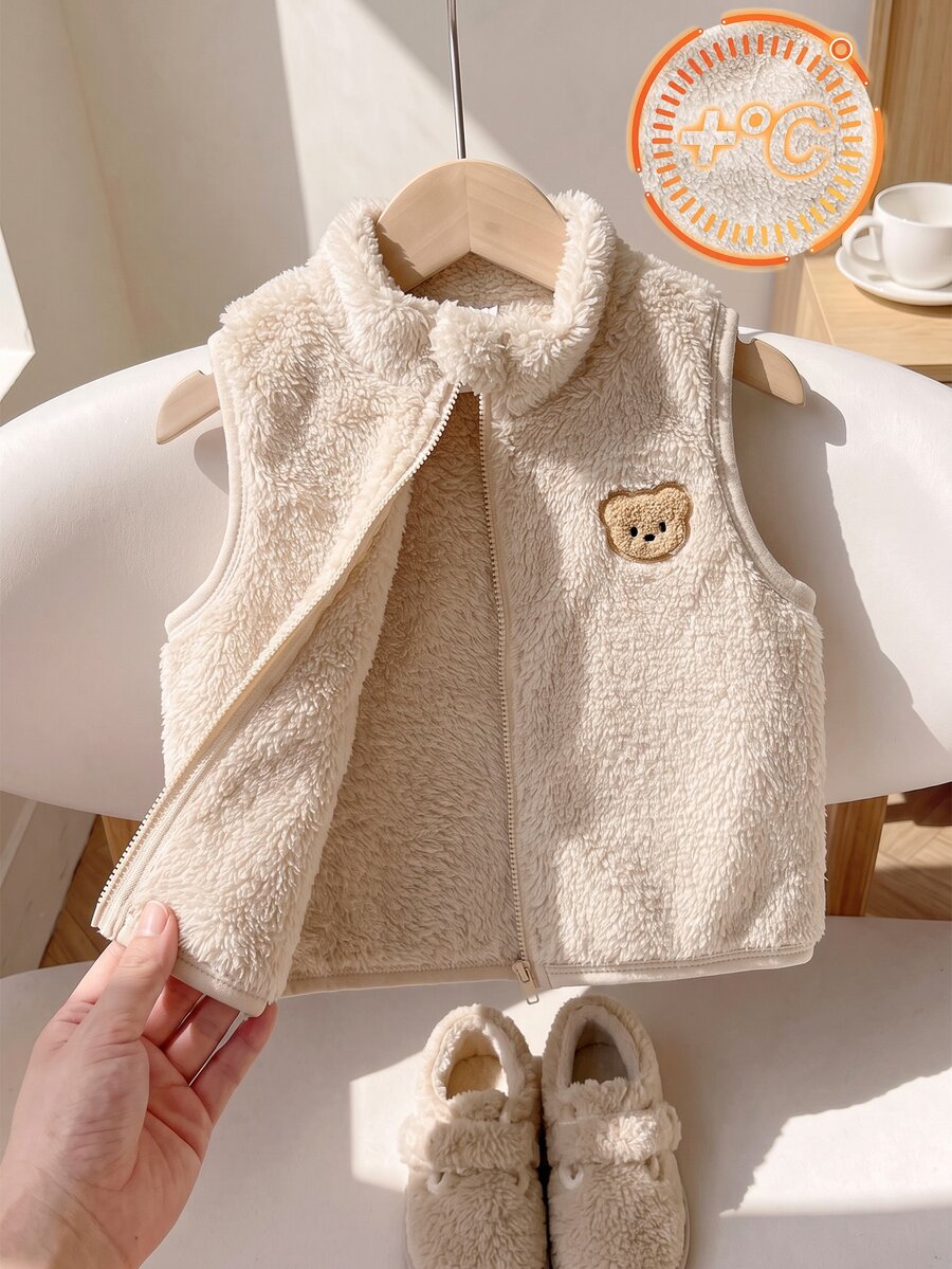 SHEIN Baby Boy Newborn Cute Versatile Plush Solid Color Vest Jacket With Stand Collar, Bear Patch, Zipper Closure, Comfortable, Autumn/Winter Beige