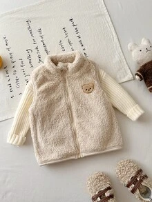 SHEIN Baby Boy Newborn Cute Versatile Plush Solid Color Vest Jacket With Stand Collar, Bear Patch, Zipper Closure, Comfortable, Autumn/Winter Beige - Apricot - View 9