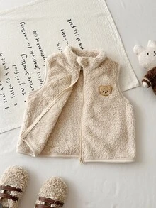 SHEIN Baby Boy Newborn Cute Versatile Plush Solid Color Vest Jacket With Stand Collar, Bear Patch, Zipper Closure, Comfortable, Autumn/Winter Beige - Apricot - View 10