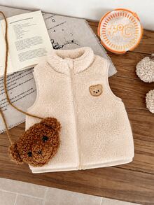 SHEIN Baby Boy Newborn Cute Versatile Plush Solid Color Vest Jacket With Stand Collar, Bear Patch, Zipper Closure, Comfortable, Autumn/Winter Beige - Apricot - View 12