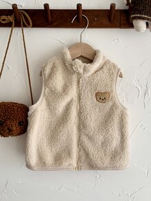 SHEIN Baby Boy Newborn Cute Versatile Plush Solid Color Vest Jacket With Stand Collar, Bear Patch, Zipper Closure, Comfortable, Autumn/Winter Beige - Apricot - View 13
