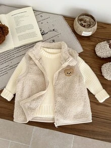 SHEIN Baby Boy Newborn Cute Versatile Plush Solid Color Vest Jacket With Stand Collar, Bear Patch, Zipper Closure, Comfortable, Autumn/Winter Beige - Apricot - View 4