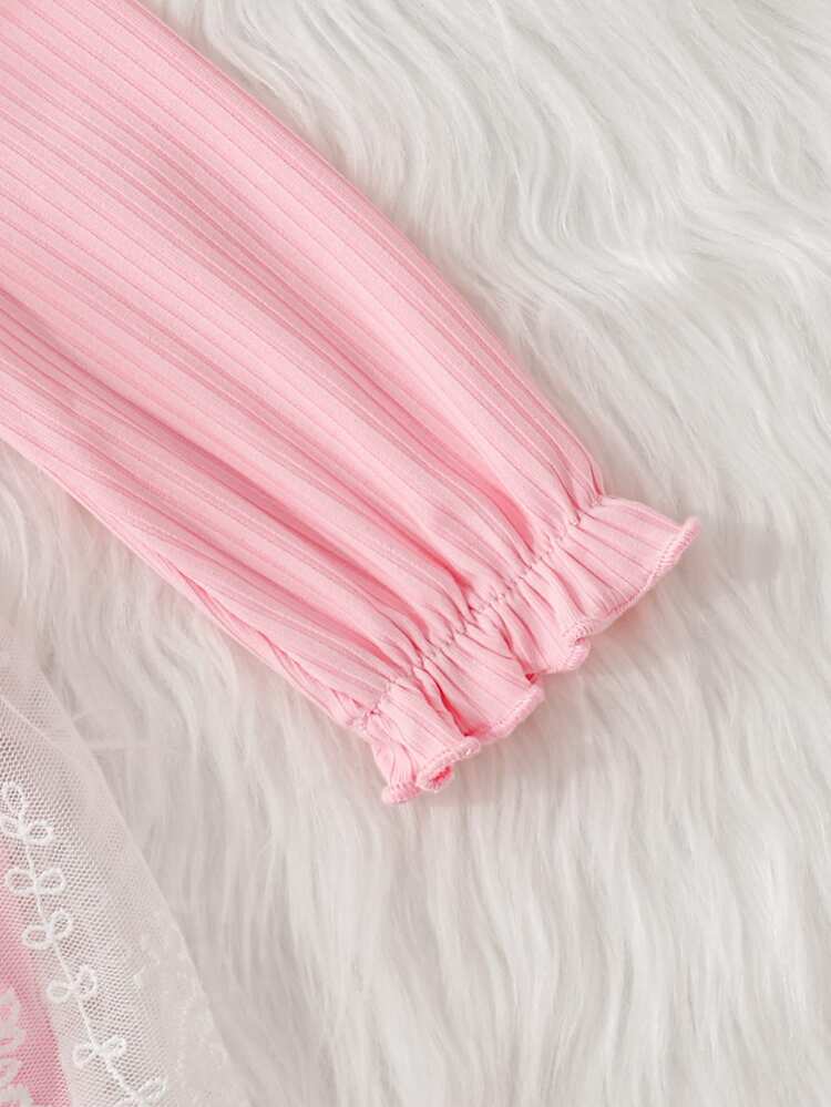 SHEIN Playful Pals Newborn Baby Girl Pink Vertical Stripe Embroidered Flower Bow Splicing White Mesh Dress&Headband Two Pieces Set - Pink - View 5