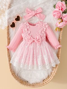 SHEIN Playful Pals 新生女嬰粉色直條紋刺繡花朵蝴蝶結拼接白色網紗洋裝與髮帶兩件套 - 粉色 - 查看 3