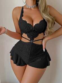 SHEIN 性感蕾絲掛脖挖空腰部女款連身睡衣 - 黑色 - 查看 3