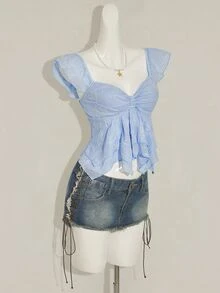 SHEIN ICON Áo hai dây ngắn tay kiểu Pháp hở lưng, hở lưng, gợi cảm, cắt xẻ, chất liệu Jacquard lãng mạn, kiểu Pháp dành cho nữ - Màu xanh lam - Xem 6