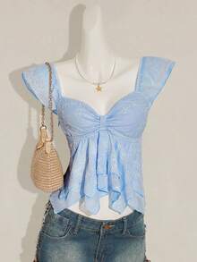 SHEIN ICON Áo hai dây ngắn tay kiểu Pháp hở lưng, hở lưng, gợi cảm, cắt xẻ, chất liệu Jacquard lãng mạn, kiểu Pháp dành cho nữ - Màu xanh lam - Xem 12