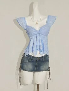 SHEIN ICON Áo hai dây ngắn tay kiểu Pháp hở lưng, hở lưng, gợi cảm, cắt xẻ, chất liệu Jacquard lãng mạn, kiểu Pháp dành cho nữ - Màu xanh lam - Xem 10