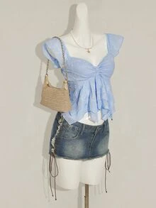 SHEIN ICON Áo hai dây ngắn tay kiểu Pháp hở lưng, hở lưng, gợi cảm, cắt xẻ, chất liệu Jacquard lãng mạn, kiểu Pháp dành cho nữ - Màu xanh lam - Xem 5
