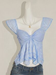 SHEIN ICON Áo hai dây ngắn tay kiểu Pháp hở lưng, hở lưng, gợi cảm, cắt xẻ, chất liệu Jacquard lãng mạn, kiểu Pháp dành cho nữ - Màu xanh lam - Xem 4