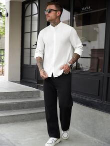 Manfinity CasualCool 男士成熟度假風亞麻混紡長袖襯衫，亞麻度假穿著，秋季，老錢風 - 白色 - 查看 6
