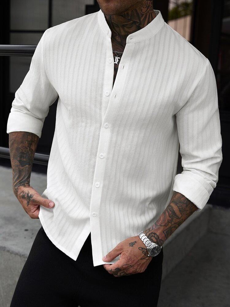 Manfinity CasualCool Men's Mature Vacation Linen Blend Long Sleeve Shirt Linen Resort Wear, Fall, Old Money .. - White - View 1