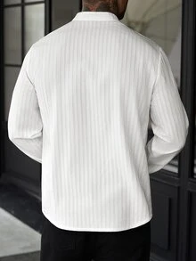 Manfinity CasualCool 男士成熟度假風亞麻混紡長袖襯衫，亞麻度假穿著，秋季，老錢風 - 白色 - 查看 2