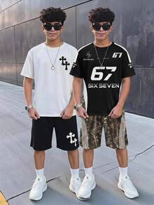 兒童青少年男孩休閒極簡圓領短袖T恤與短褲兩件套，適合夏季，卡通圖案 - 彩色 - 查看 1