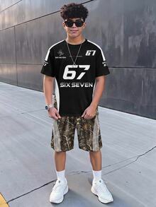 兒童青少年男孩休閒極簡圓領短袖T恤與短褲兩件套，適合夏季，卡通圖案 - 彩色 - 查看 2