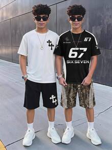 兒童青少年男孩休閒極簡圓領短袖T恤與短褲兩件套，適合夏季，卡通圖案 - 彩色 - 查看 5