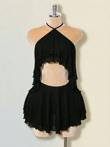 SHEIN ICON Layered Ruffle Halter Backless Mini Dress For Women,Black Dress For Women,Summer Dresses For Women Club Night Out Sexy - Black - View 5