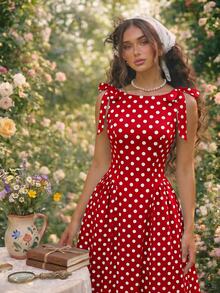 SHEIN MOD 女款復古波點印花百褶腰裙 - 紅色 - 查看 6