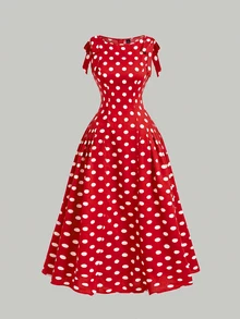 SHEIN MOD 女款復古波點印花百褶腰裙 - 紅色 - 查看 3