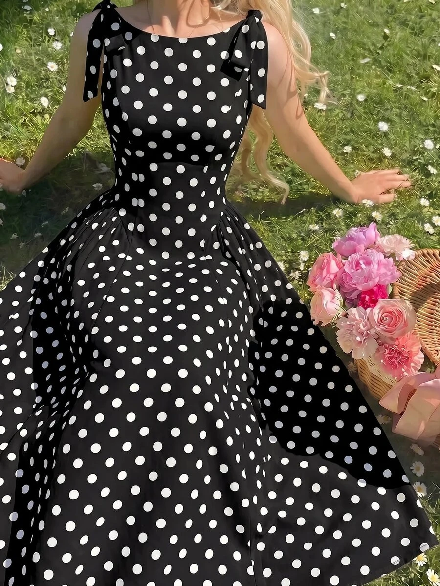 SHEIN MOD Women's French Polka Dot Print Waist-Cinching Dress For Vacation - Black - View 1