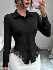Elenzga 女款時尚優雅性感單排扣蕾絲拼接不對稱下擺透視襯衫，黑色夏季夜生活約會穿搭 - 黑色 - 查看 7