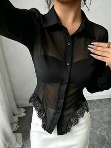 Elenzga 女款時尚優雅性感單排扣蕾絲拼接不對稱下擺透視襯衫，黑色夏季夜生活約會穿搭 - 黑色 - 查看 4