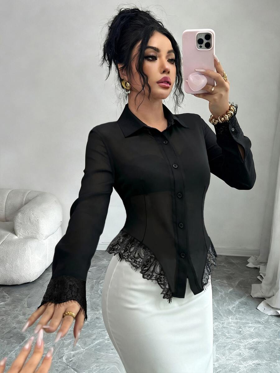 Elenzga 女款時尚優雅性感單排扣蕾絲拼接不對稱下擺透視襯衫,黑色夏季夜生活約會穿搭 - 黑色 - 查看 1