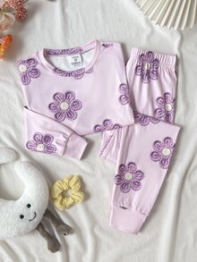 SHEIN 兒童青少年女孩可愛印花針織套頭居家休閒睡衣套裝，買1送1，舒適休閒日常修身貼身款 - 紫色 - 查看 6