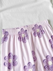 SHEIN 兒童青少年女孩可愛印花針織套頭居家休閒睡衣套裝，買1送1，舒適休閒日常修身貼身款 - 紫色 - 查看 5