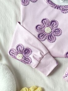 SHEIN 兒童青少年女孩可愛印花針織套頭居家休閒睡衣套裝，買1送1，舒適休閒日常修身貼身款 - 紫色 - 查看 3