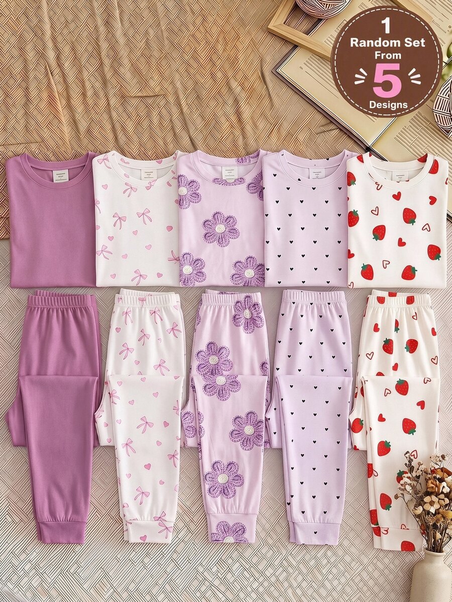 SHEIN 兒童青少年女孩可愛印花針織套頭居家休閒睡衣套裝,買1送1,舒適休閒日常修身貼身款 - 紫色 - 查看 1