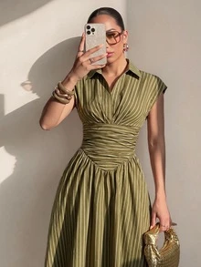 Structelle 女款黑色優雅條紋襯衫領收腰大裙擺長洋裝 - 彩色 - 查看 4