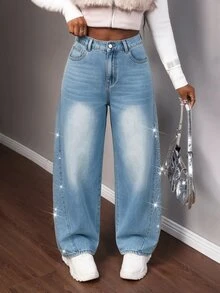 SHEIN Unity Damen Lässig 90er Y2K 2000er gewaschene Strass-Dekor Weite Beine Jeans Herbst Outfit Nachtausgang Ausgehen Party Hellblau - Blau - Übersicht 8