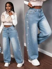 SHEIN Unity Damen Lässig 90er Y2K 2000er gewaschene Strass-Dekor Weite Beine Jeans Herbst Outfit Nachtausgang Ausgehen Party Hellblau - Blau - Übersicht 9